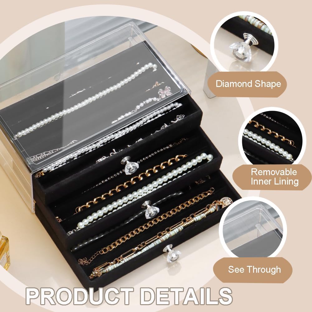 SPAKOWN Necklace Organizer Box, Velvet Necklace Box Holder Tray with Clear Lid Chains Showcase Stackable Necklace Storage for Pendant Bracelet (3 Drawers - Black)