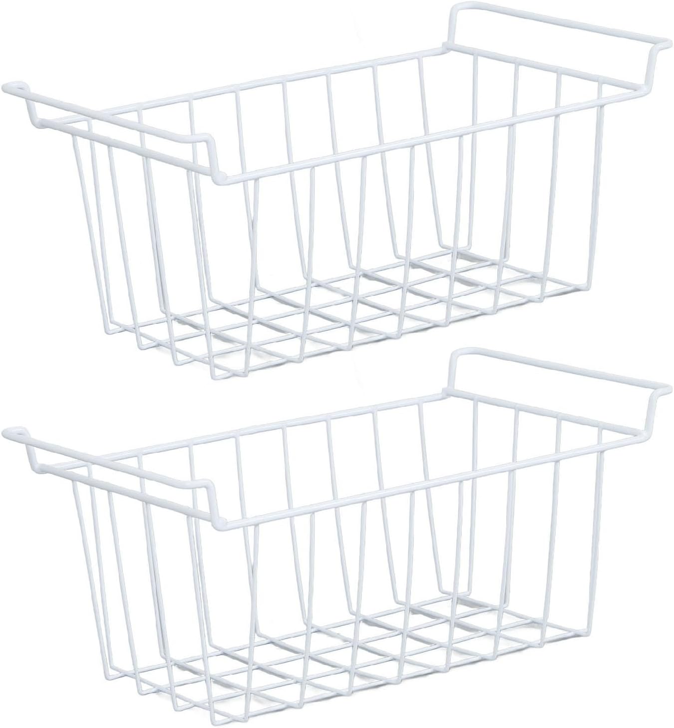 2PCS Freezer Organizer Bins, Steel Wire Freezer Basket with Handles Multifunctional Organizer Bin Stackable Metal Wire Baskets for Cabinet, Pantry, Closet (White)