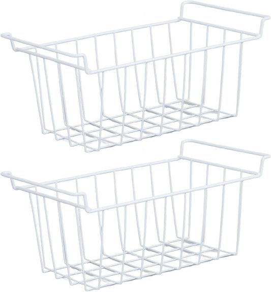 2PCS Freezer Organizer Bins, Steel Wire Freezer Basket with Handles Multifunctional Organizer Bin Stackable Metal Wire Baskets for Cabinet, Pantry, Closet (White)