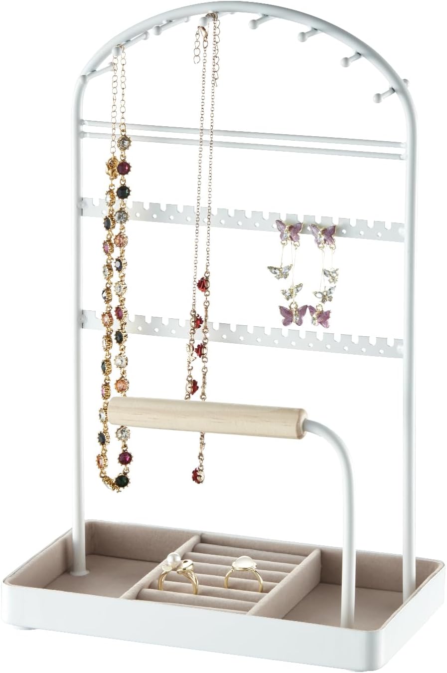 Multi-Functional Jewelry Holder Organizer Necklace Display Stand Velvet Lined Bar for Rings 2 Tier with 18 Hooks, 32 Earring Holes - Sturdy and Durable, Easy Organization White
