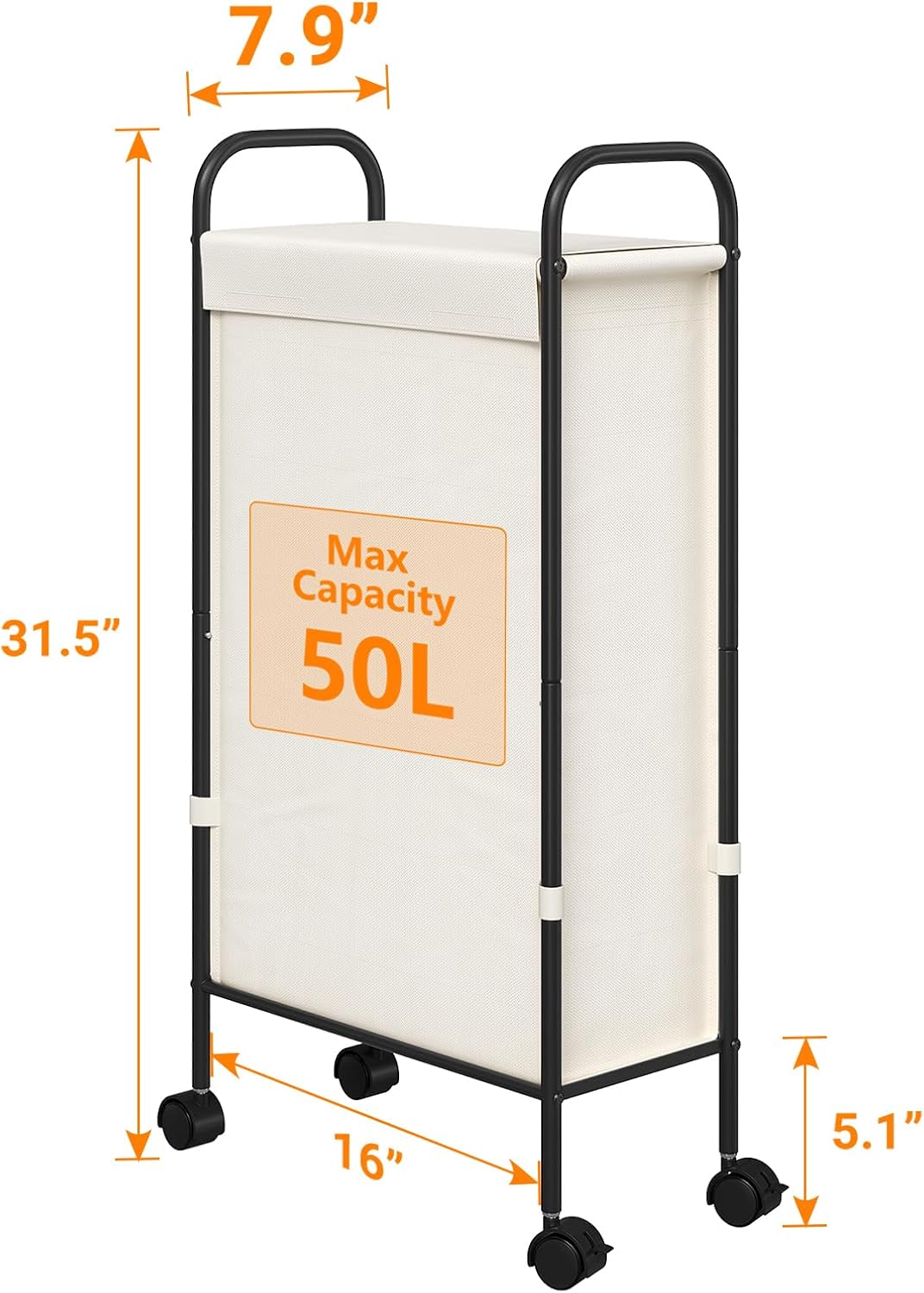 ELYKEN Slim Laundry Hamper with Lid, 50L Small Rolling Laundry Basket on Wheels, 7.9” Narrow Dirty Cloth Cart with Removable Inner Bag for Small Bathroom, Bedroom, Creamy