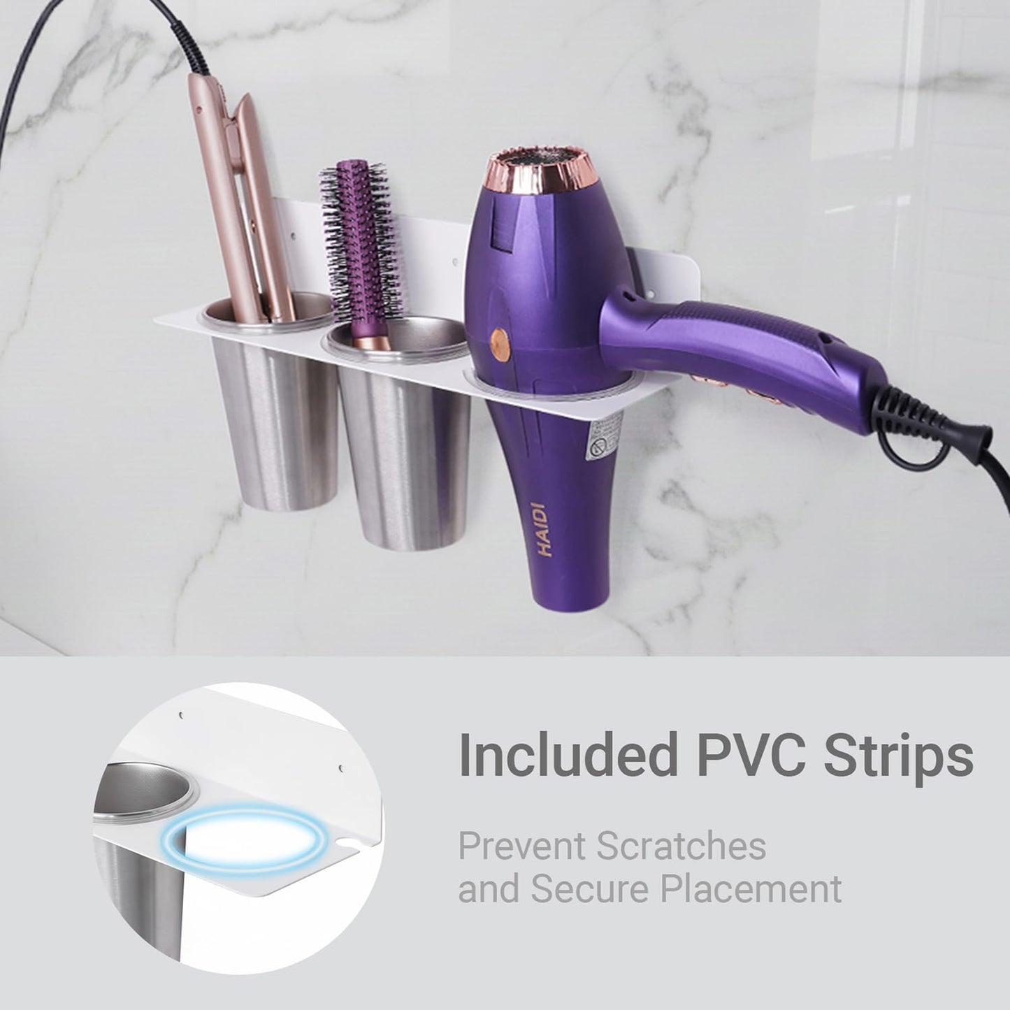 Hair Tool Organizer Wall Mount, Stainless Steel Hair Tool Holder with 2 Heat-Resistant Cups, Curling Iron Holder for Vanity, Hot Tools Organizer with PVC Ring,Hair Dryer Holder for Bathroom