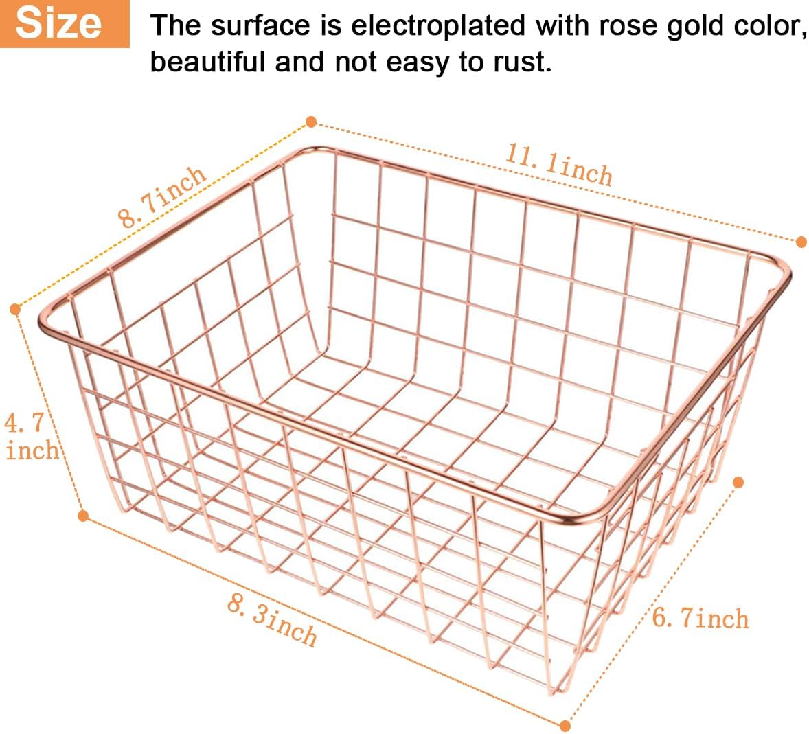 4 Pack Wire Baskets for Pantry Metal Wire Freezer Organizer Bins with Handles, Metal Basket Rose Gold Wire Baskets for Storage Organizing Office, Kitchen Cabinets, Bathroom, Countertop