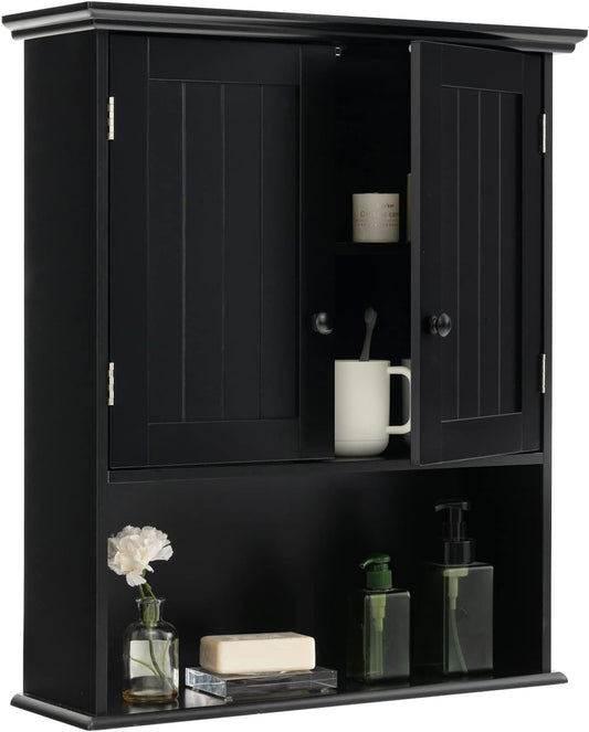 Tangkula Wall Mount Bathroom Cabinet Wooden Medicine Cabinet Storage Organizer with 2-Doors and 1-Shelf Cottage Collection Wall Cabinet (Black)