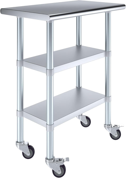 AmGood Stainless Steel Work Table with 2 Shelves and Casters | Metal Utility Table On Wheels (Stainless Steel Work Table with 2 Shelves + Casters, 30" Long x 18" Deep)