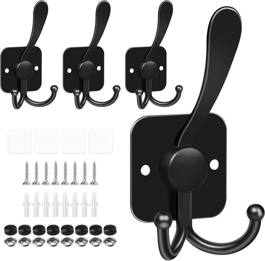 VIS'V 3 Prong Coat Hooks Wall Mount, Metal Self Adhesive Entryway Wall Hooks, 2 Mount Options, Black, 4 Pcs