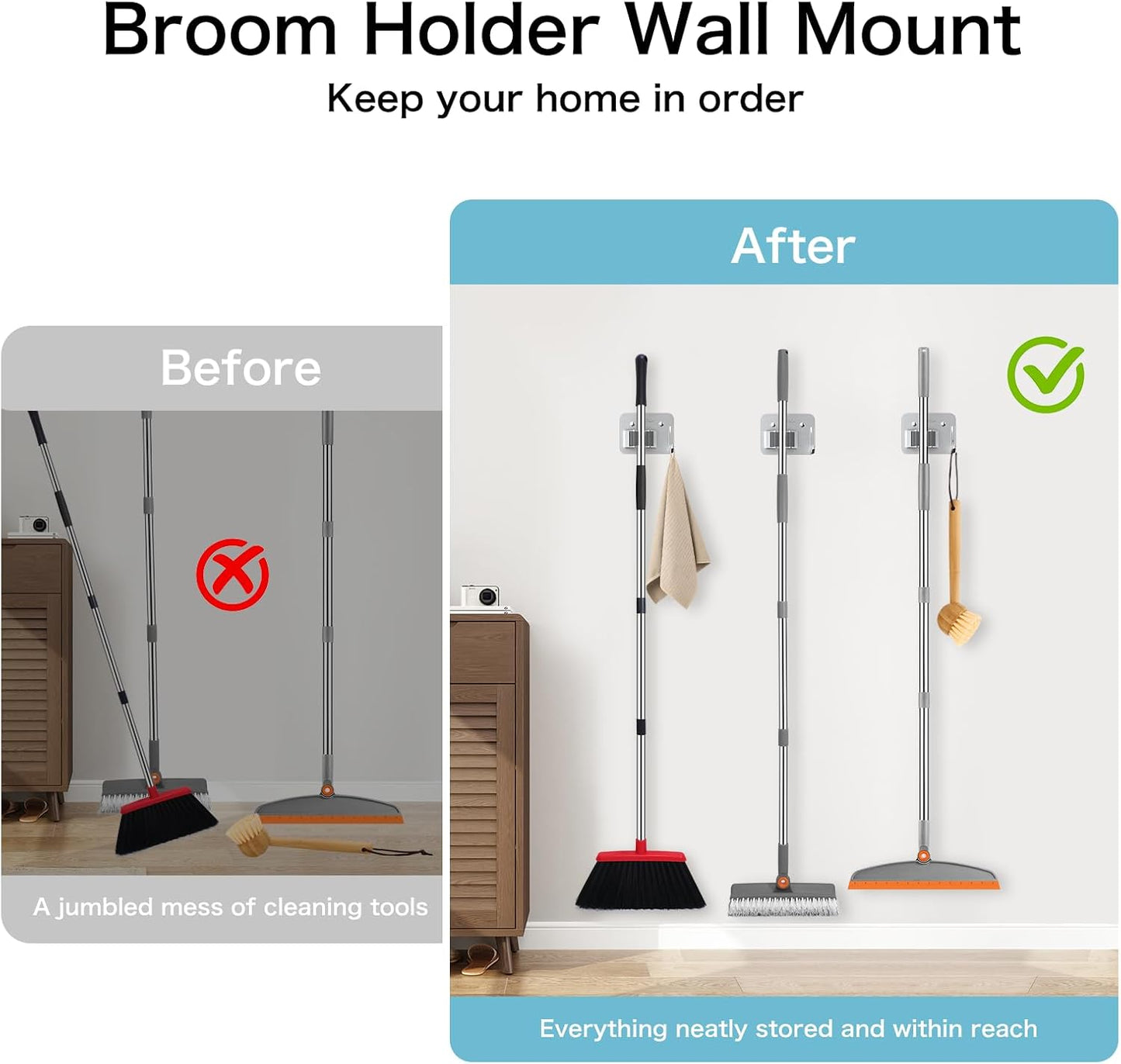 nacena Broom Holder Wall Mount, 4 Packs Silver Stainless Steel Mop and Broom Hanger with Hooks Heavy Duty Broom and Mop Organizer Wall Hanging for Bathroom