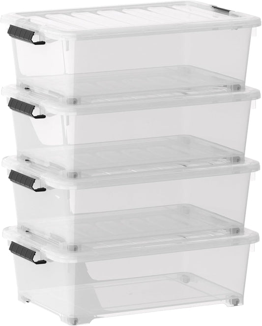 20 Quart Plastic Under Bed Storage Containers, Latching Storage Boxes with Wheels, Clear Under Bed Storage Bins, 4 Pack