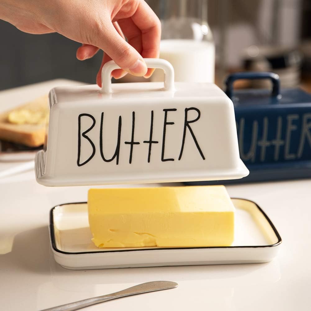 Sweejar Ceramic Butter Dish with Handle Lid, 7.3 Inch Porcelain Large Butter Keeper with Cover, Perfect for East/West Butter (White)