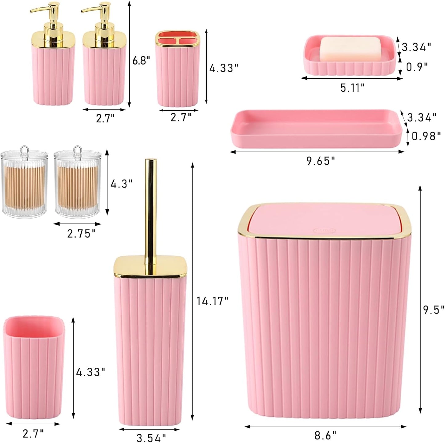 Pink Bathroom Accessories Set - Gorgeous Bathroom Set, 10PC Bathroom Accessory Set, Toilet Brush, Trash Can, Qtip Holder Dispenser & Soap Dispenser
