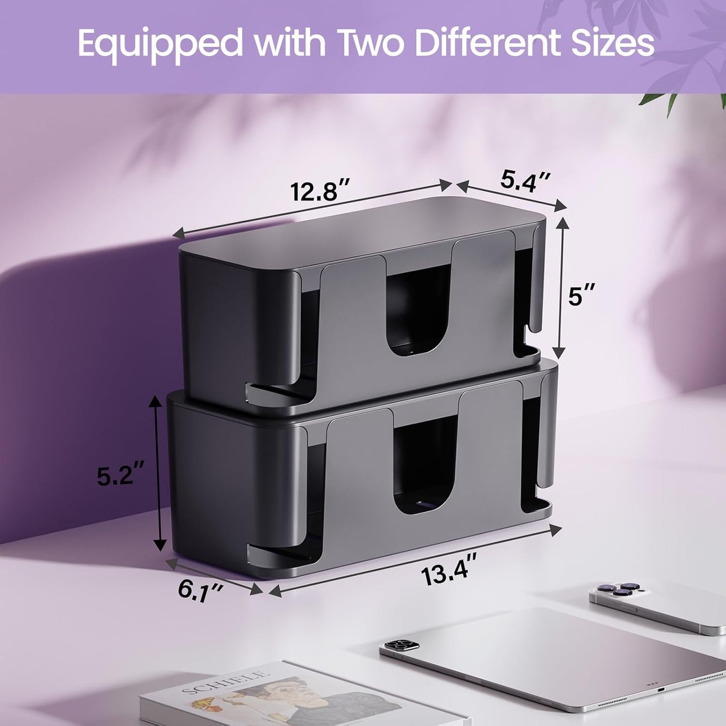 Delamu 2 Pack Cable Management Box, Stylish Black Cable Management, Pet & Child-Proof ABS Cord Box Hider, Medium and Small Cable Box for Computer WiFi Router Box Hider USB Hub, Floor Cord Covers