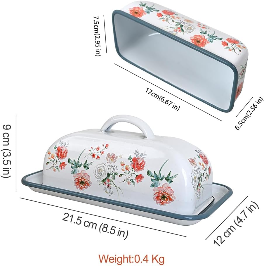 Enameled Farmhouse Vintage Butter Dish with Lid, 7.5 Inch Durable Kitchen Food Storage Container Rust-Resistant Refrigerator Safe,Vintage Decorative Design Kitchenware for Countertop
