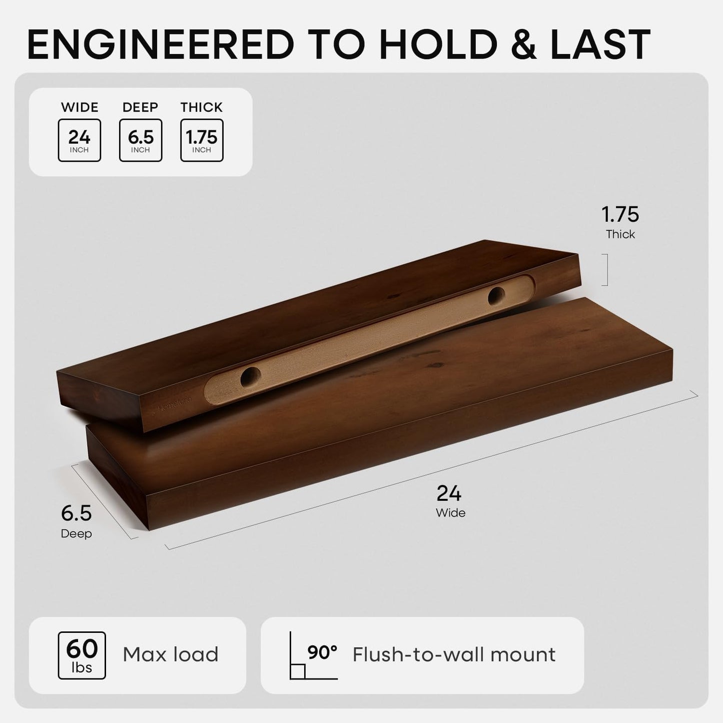Homeforia 24inch Walnut Floating Shelves for Wall, High End Solid Real Wood 24in Floating Shelf for Bathroom, Dark Brown 24 inch Long Floating Shelves, Heavy Duty Bracket, 24 X 6.5 X 1.75 in, Set of 4