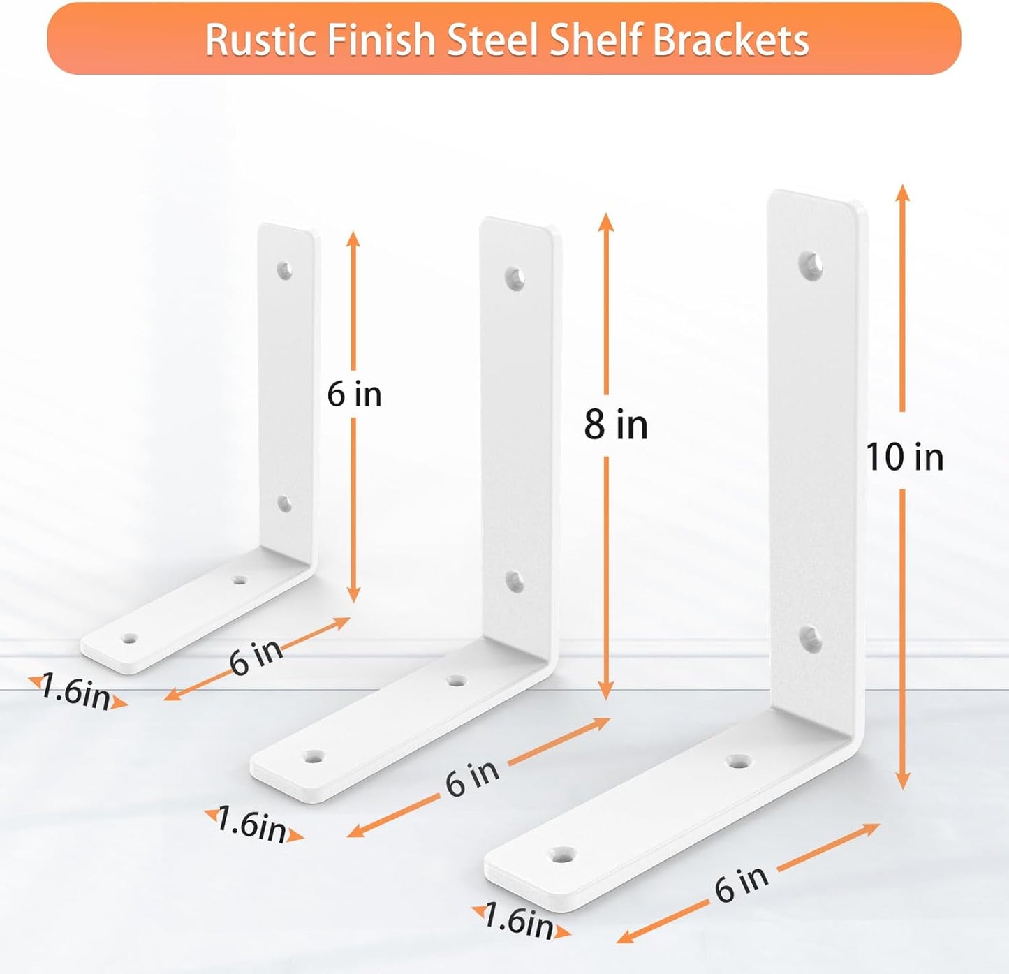 White Heavy Duty Shelf Brackets 8 Inch, Extra Thick L Shelving Brackets, Rustic Gold Iron Floating Shelves Wall Mounted with Hardware for DIY Open Shelving, 4 Pack
