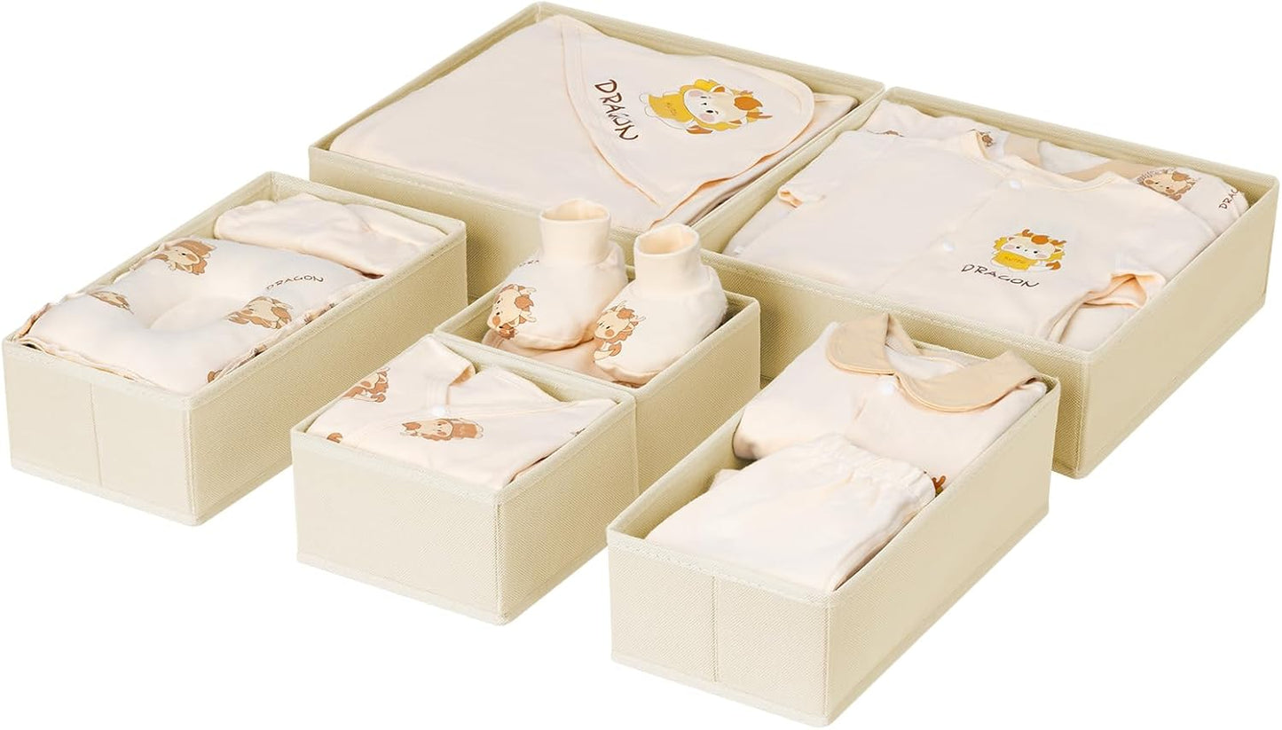 DIMJ Drawer Organizer Clothes 6 Pack - Foldable Baby Organizers and Storage & Dresser Organizer for Bedroom, Closet - Nursery Organization Dresser Dividers for underwear, Sock,Bra, Belt, Tie, Beige
