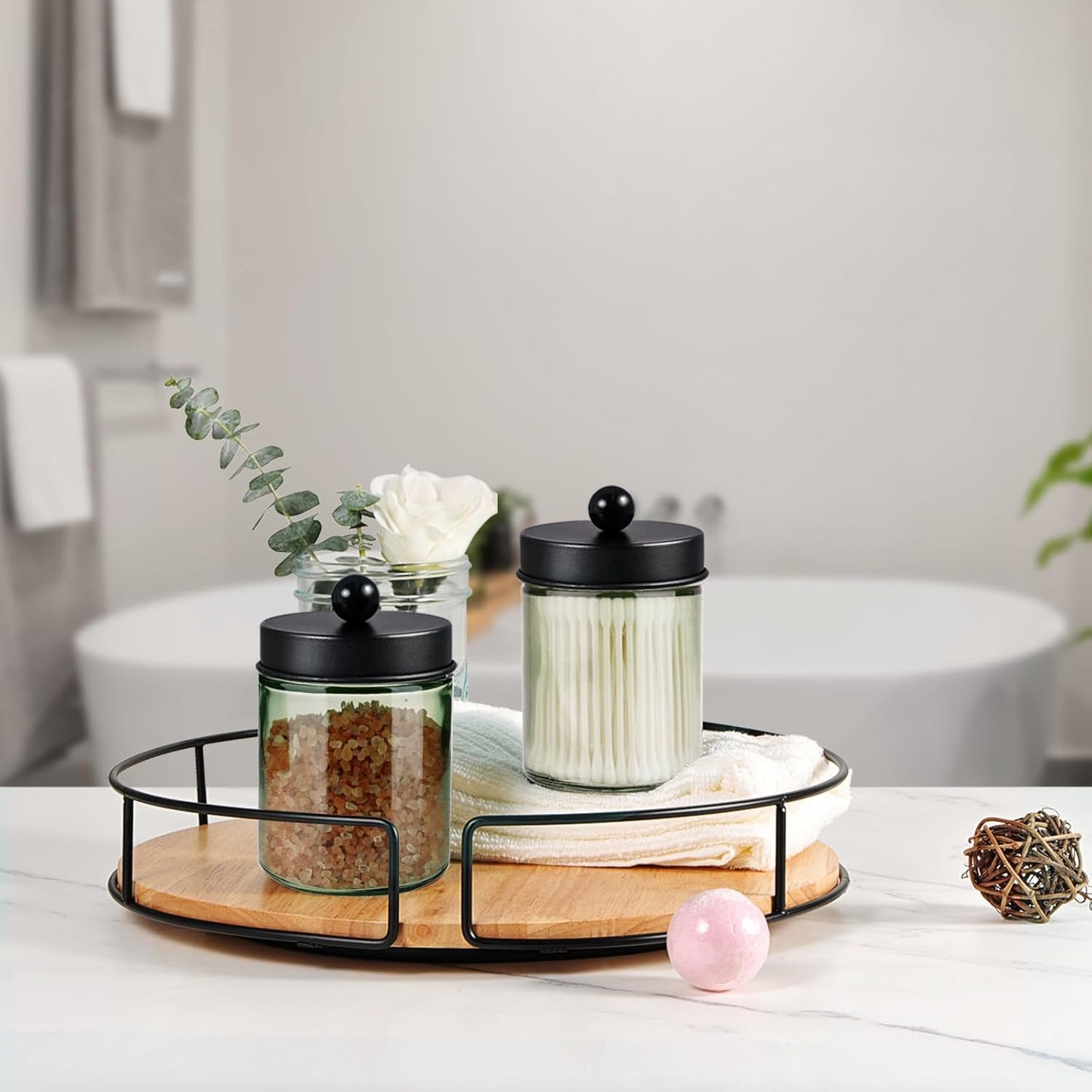 Amolliar Sage Green Apothecary Glass Jar With Metal Lid & Stickers, Bathroom Qtip Dispenser Storage Canister, Perfect for Cotton Balls, Cotton Swabs, Round Pads, Bath Salt, Floss, Black 1 Pack