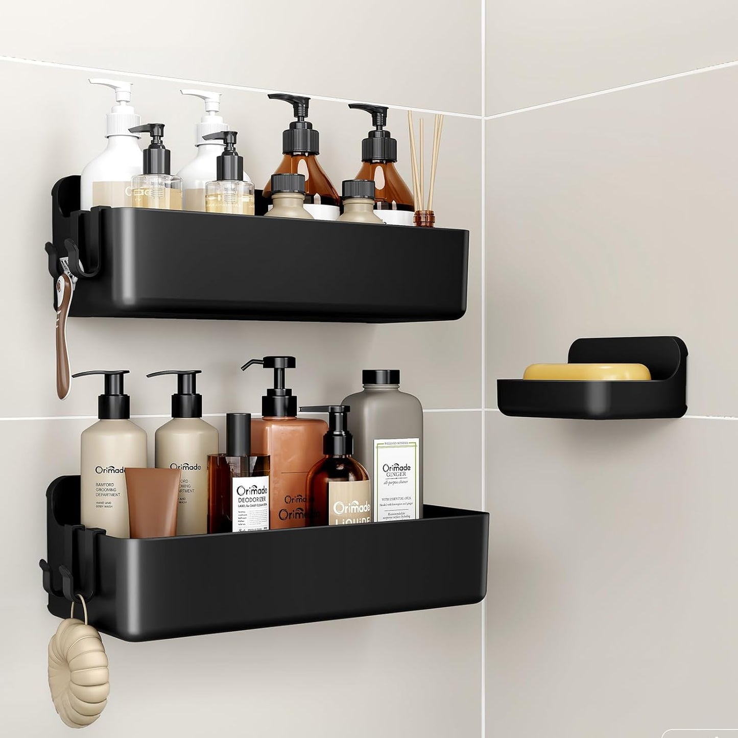 Orimade Shower Caddy 3-Pack, No-Drill Adhesive Shelves for Bathroom, Rustproof ABS Storage Organizer Set, Black