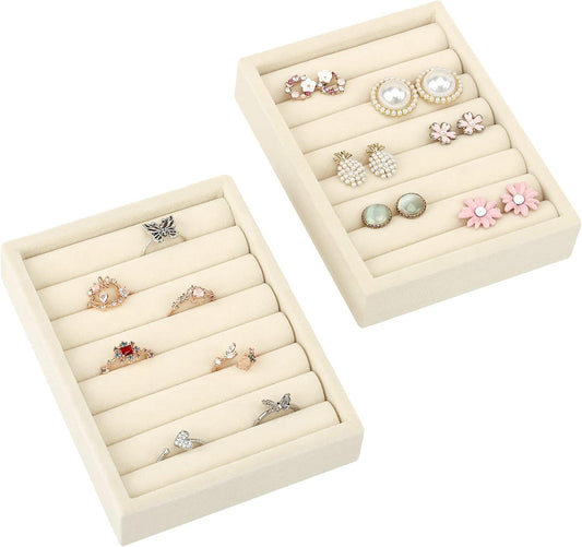 DesignSter Small Jewelry Tray-Ring Organizer 2PCS Premium Velvet Rings Earrings Display Tray Storage Insert Holder for Jewelry Box, Drawer, Dresser (8 Slots, Beige)