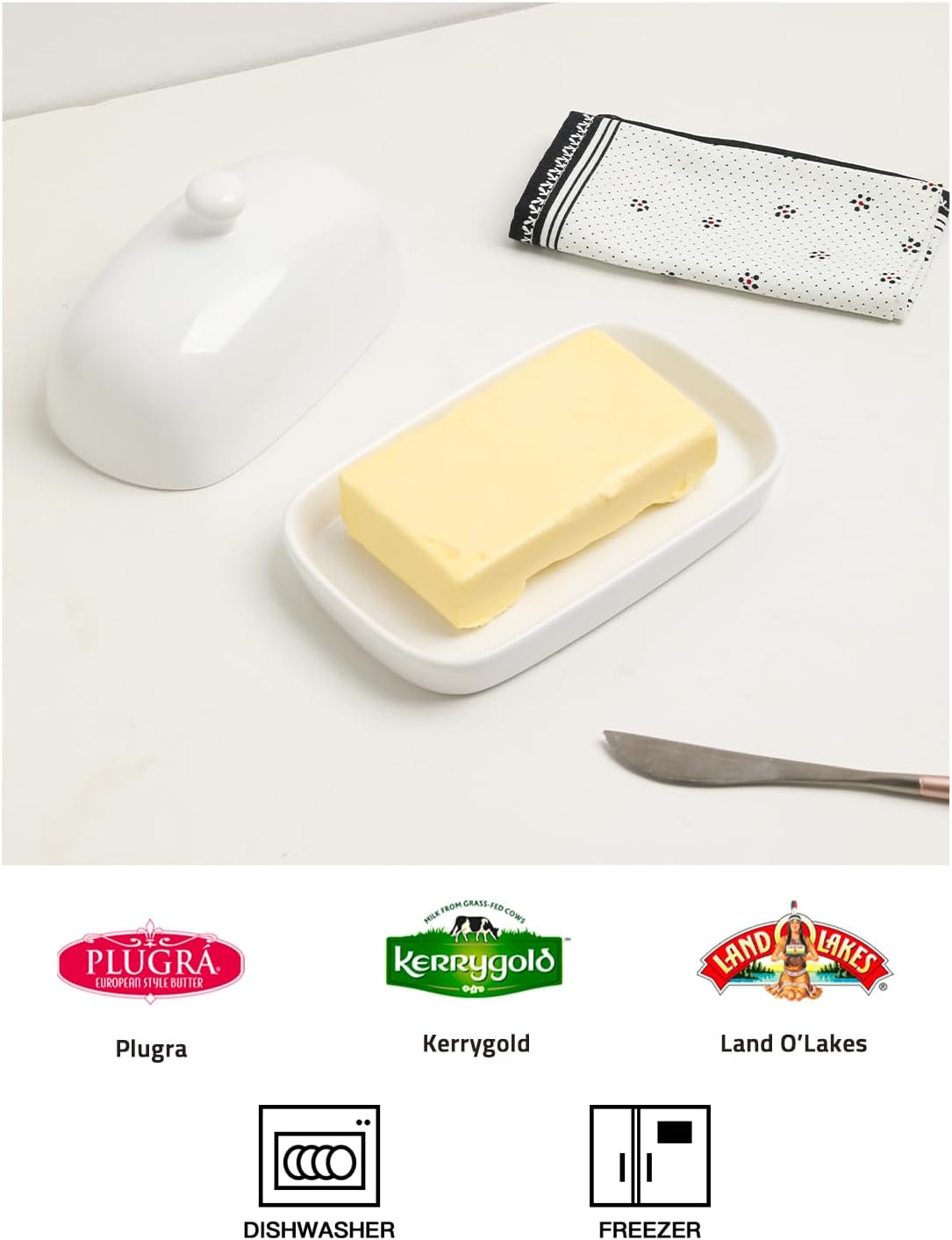 Sweejar Ceramic Butter Dish with Lid for Countertop,Porcelain Butter Keeper with Knob Handle,Butter Container for East/West Coast Butter, 7.1*3.7 inches (White)