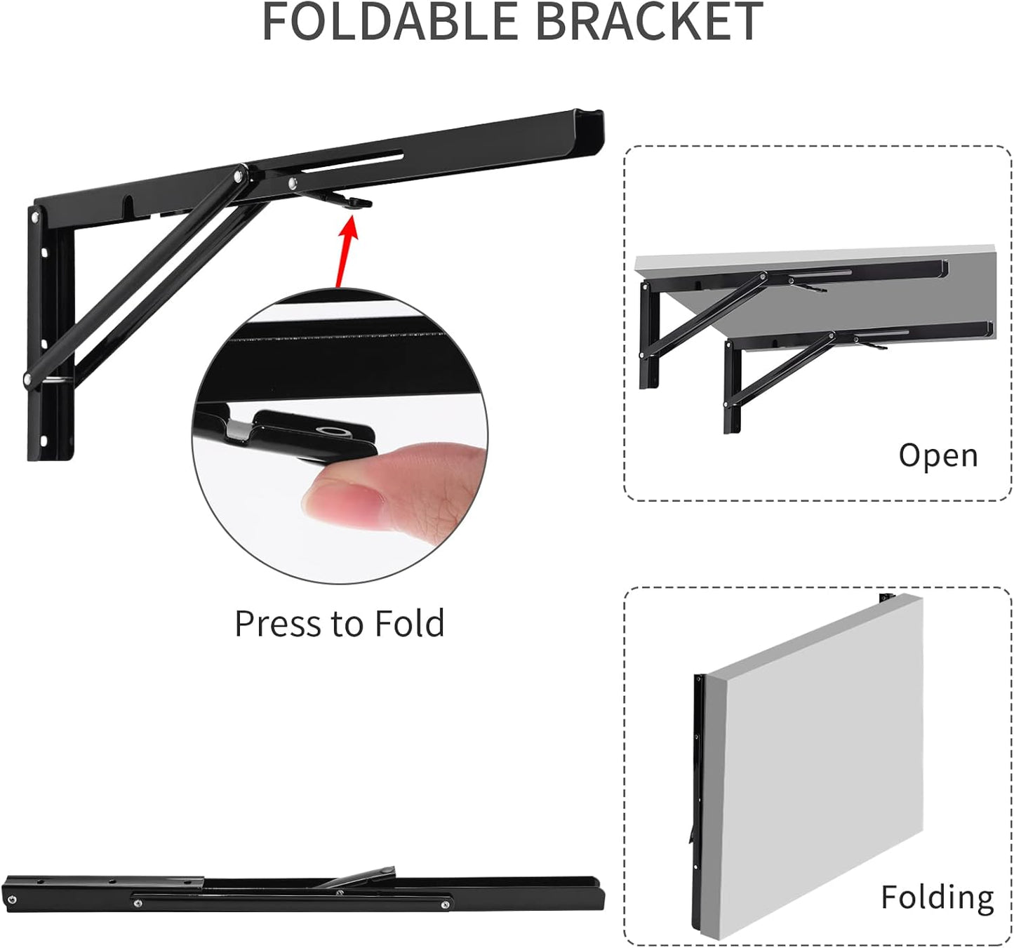 YUMORE Folding Shelf Brackets, 18 Inch Heavy Duty Collapsible Shelf Bracket, Black DIY L Bracket for Workbench Folding Table Hinge, Max Load: 330lb, 2 Pack