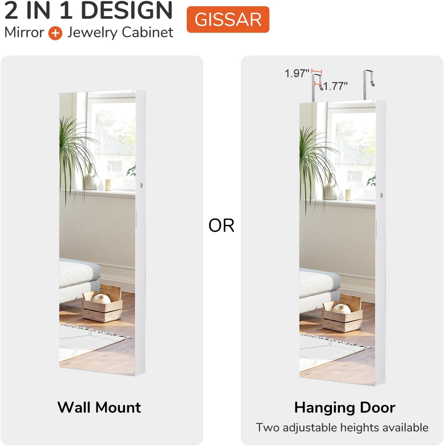 GISSAR Full Length Mirror Jewelry Cabinet, 6 LEDs Jewelry Armoire Wall Mounted Over The Door Hanging, Jewelry Organizer Storage with Lights Lockable, White Surface with Beige Lining, 14.6" x 47.2"