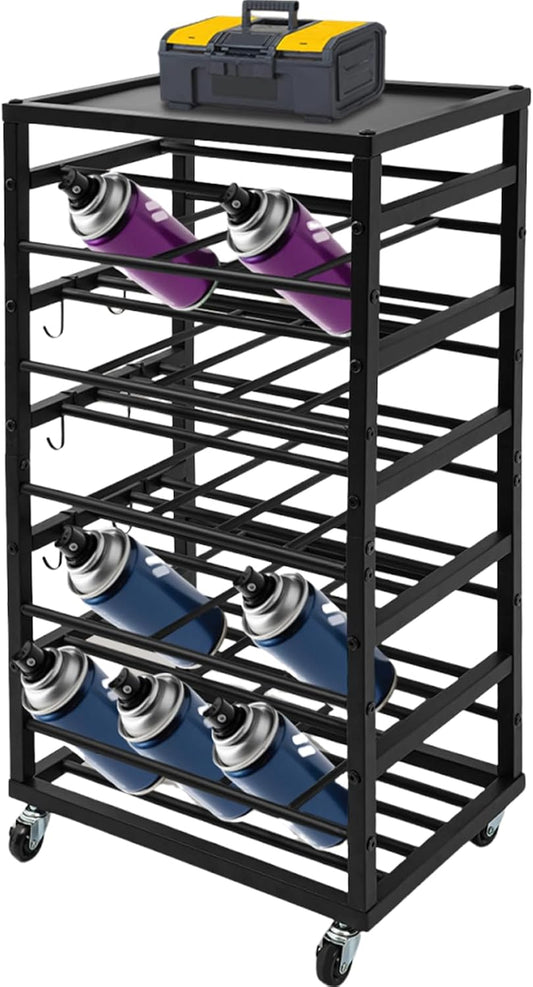 5-Tier Spray Paint Rack Organizer, Rolling Spray Bottle Holder with Storage Shelf, Metal Spray Paint Can Storage Holder, Aerosol Can Holder Rack for Garage, Craft Workroom (Black)