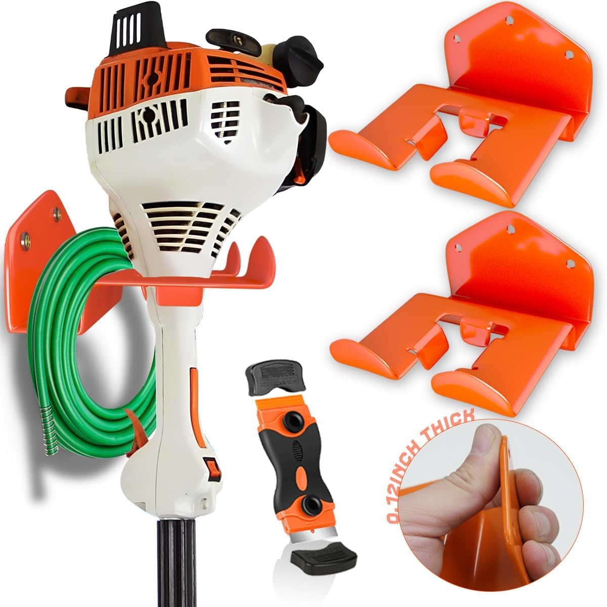 Weedeater Rack 2 Pack Weed Eater Hanger with Advanced Polymer Coating Fully Enveloping the Bracket Provides Scratch-Proof Protection with Razor Blade Scraper Tool for Grass Trimmer Garage Garden Tool