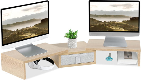 TEAMIX 3 Shelf Monitor Stand Riser with Drawer-Length and Angle Adjustable Dual Monitor Riser with Storage Corner Desk Shelf Organizer Large Computer Stand for 2 Monitors/Laptop (Maple, 1 Drawer)