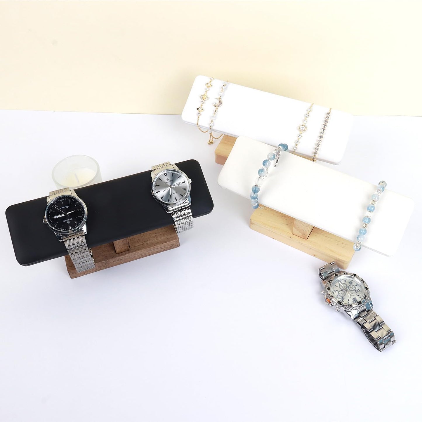 Wooden Watches Display Stands Base Watch Necklace Bracelet Organizer Rack Bangle Scrunchie Headband Showcase Stands Exterior Velvet Black