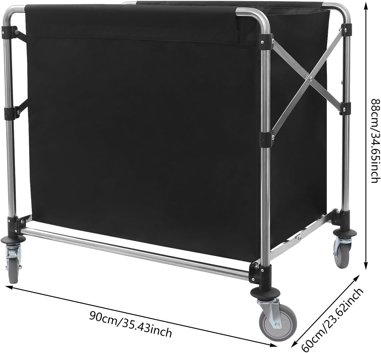 Commercial Laundry Cart with Wheels,Folding Laundry Hamper Cart,Heavy Duty Rolling Laundry Basket with Large Capacity,Laundry Sorter Trolley for Home Hotel Apartment (Black, 35.43 * 23.62 * 34.65in)