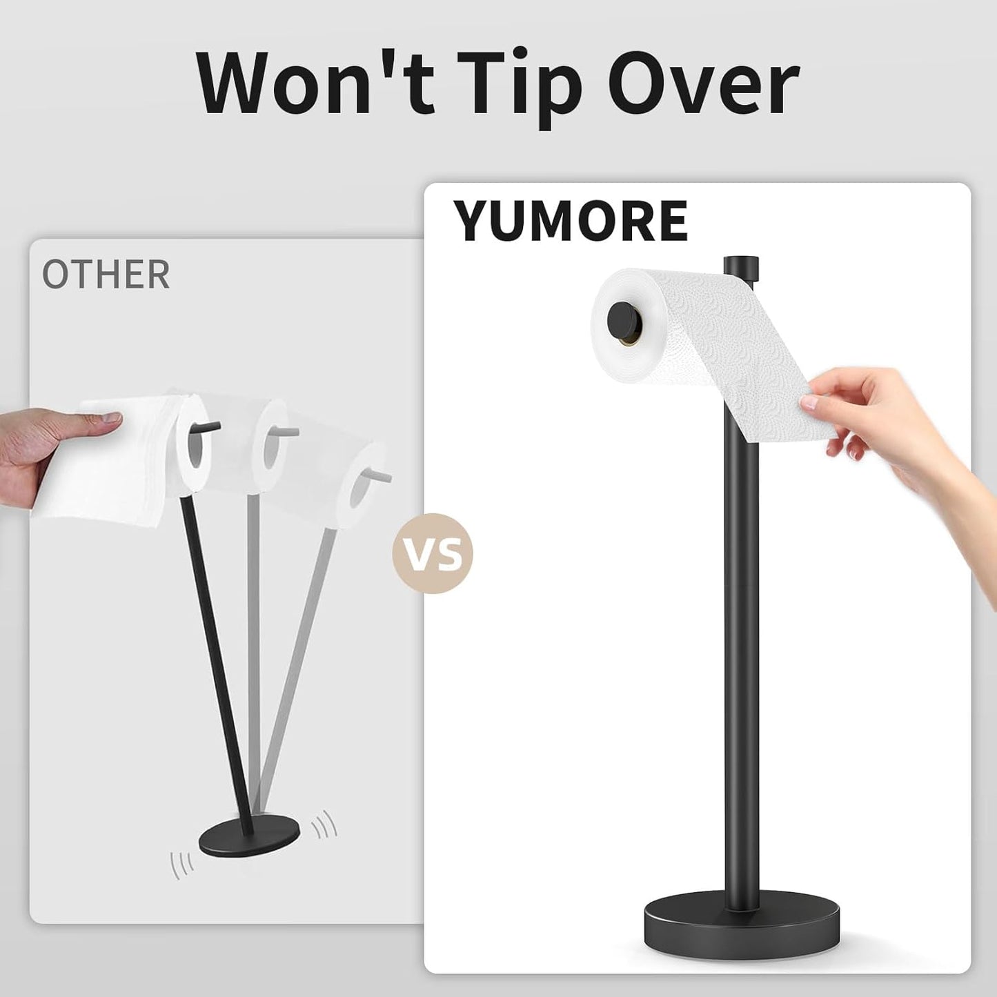 YUMORE Toilet Paper Holder Stand Freestanding, Weighted and Sturdy Matte Black Stainless Steel Design with Non-Slip Cap, Rustproof Tissue Roll Holder for Modern Bathroom, RV