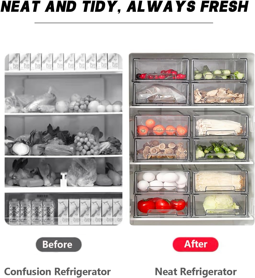 Stackable storage drawers, clear pull-out organizer with handles and non-slip pads for kitchen, refrigerator,office desktop, pantry and shelves, perfect for organization and storage (2 Pack, Large)