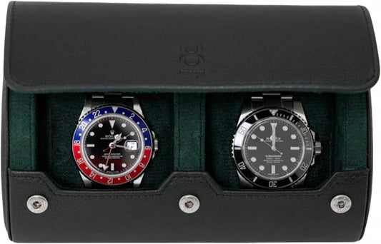 DailyWatch | Watch Roll Travel Case For 2 Watch | Luxury Watch Case In Genuine Black Leather With Soft Velvet Interior | Watch Case Protect, Store, & Display Your Watches | Black Green