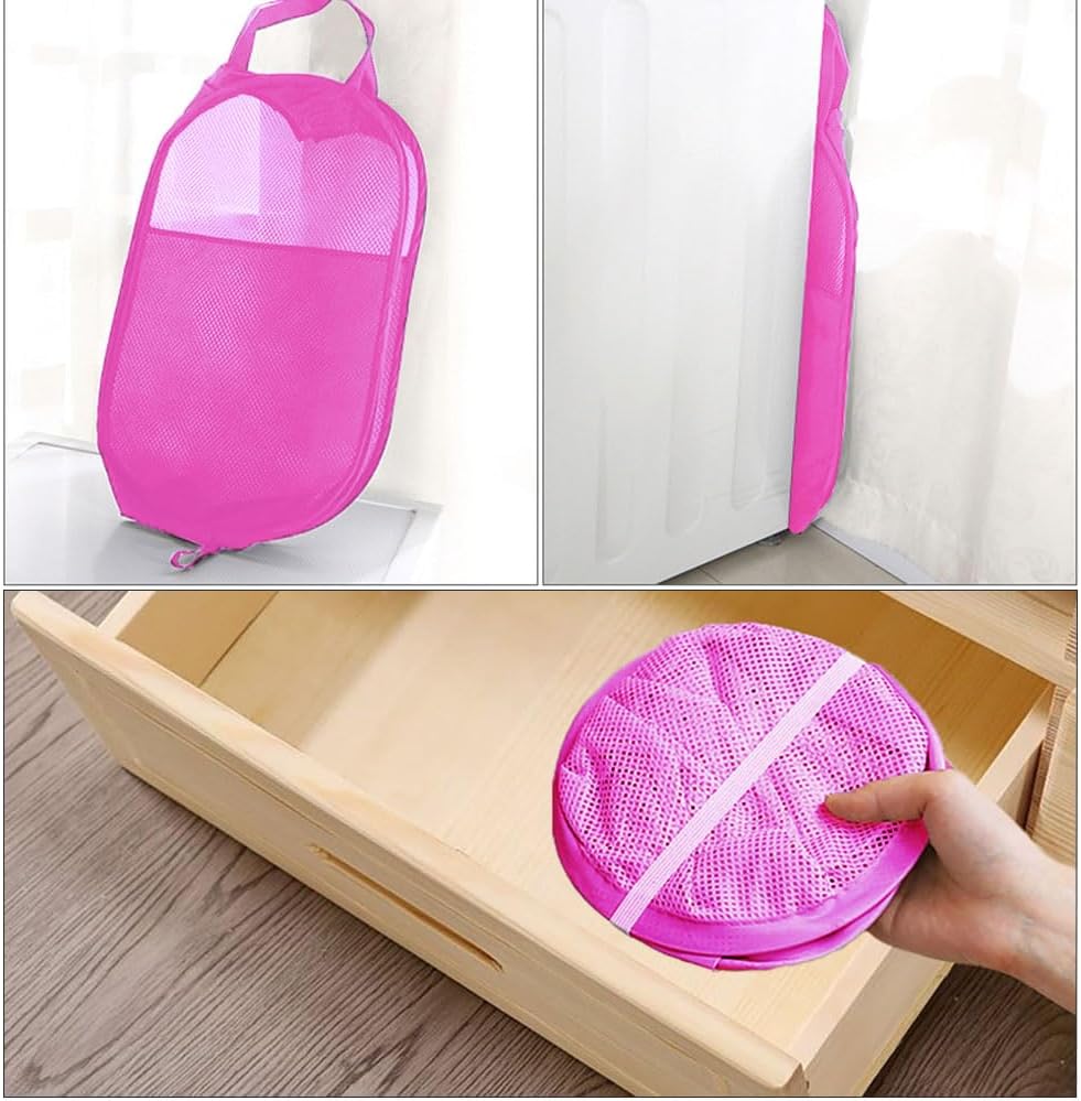 Larpur Popup Laundry Basket, Collapsible Portable Mesh Clothes Washing Laundry Hamper with Reinforced Carry Handles (Pink)