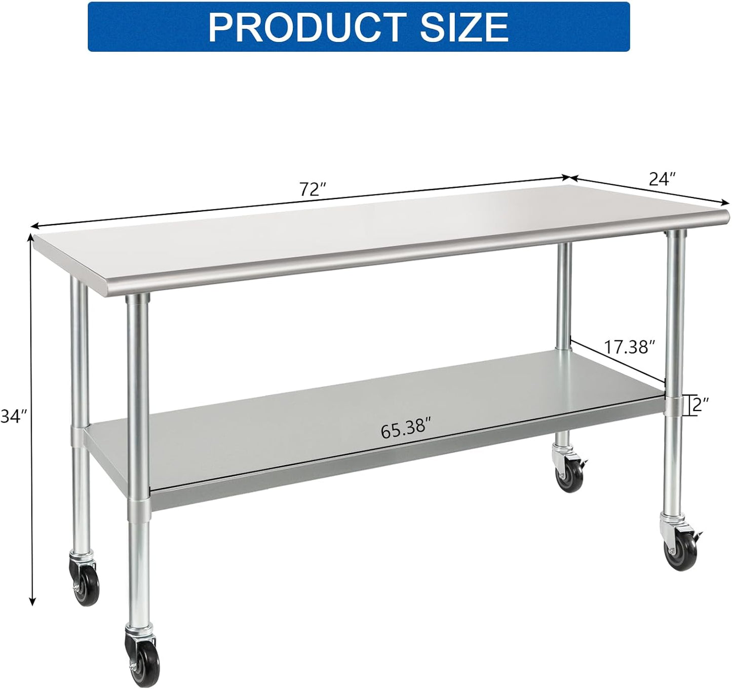HARDURA Stainless Steel Table with Wheels 24 x 72 Inches Casters NSF Heavy Duty Commercial Work & Prep Table with Undershelf and Galvanized Legs for Restaurant Kitchen Bar and Hotel Garage