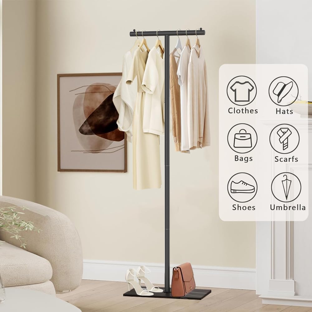 T-Shaped Metal Rack Stand,Modern Clothes Rack With Rock Slab Base,60.3Inch Freestanding Clothing Rack Stand,Suitable For Boutiques, Entryway, Bedroom, Living Room, Hallway,（ 60.3 Black）