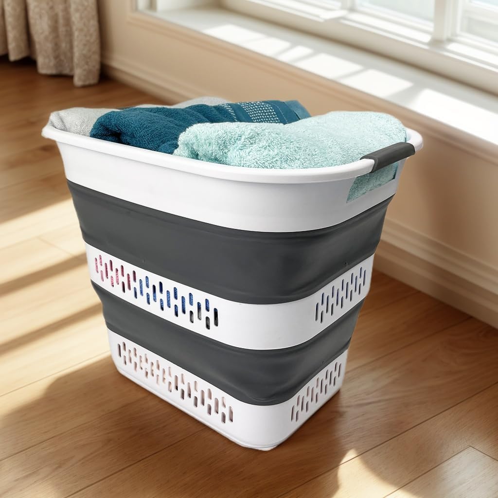 SAMMART 40L (10.5 Gallon) Collapsible Plastic Laundry Basket - Foldable Pop Up Storage Container/Organizer - Portable Laundry Hamper - Space Saving (1, White/Steel Grey)