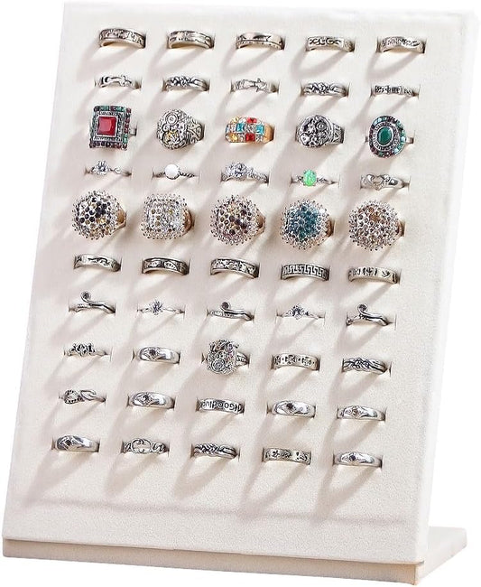 50 Slots Rings Display Stand, Ring Organizer Holder Stand for Selling, Ring Jewelry Pad Showcase Storage Tray for Home or Shop Sell Show (Beige 1PC)
