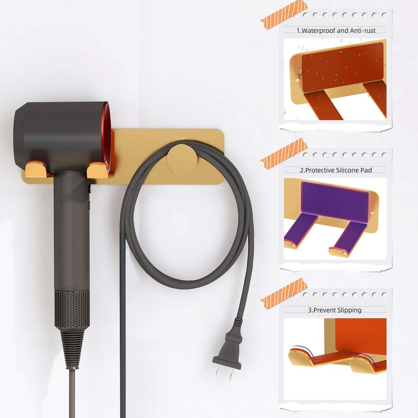 Hair Dryer Holder Wall Mounted, Stainless Steel Self Adhesive Blow Dryer Holder Rack for Dyson Supersonic Hair Dryer,Gold