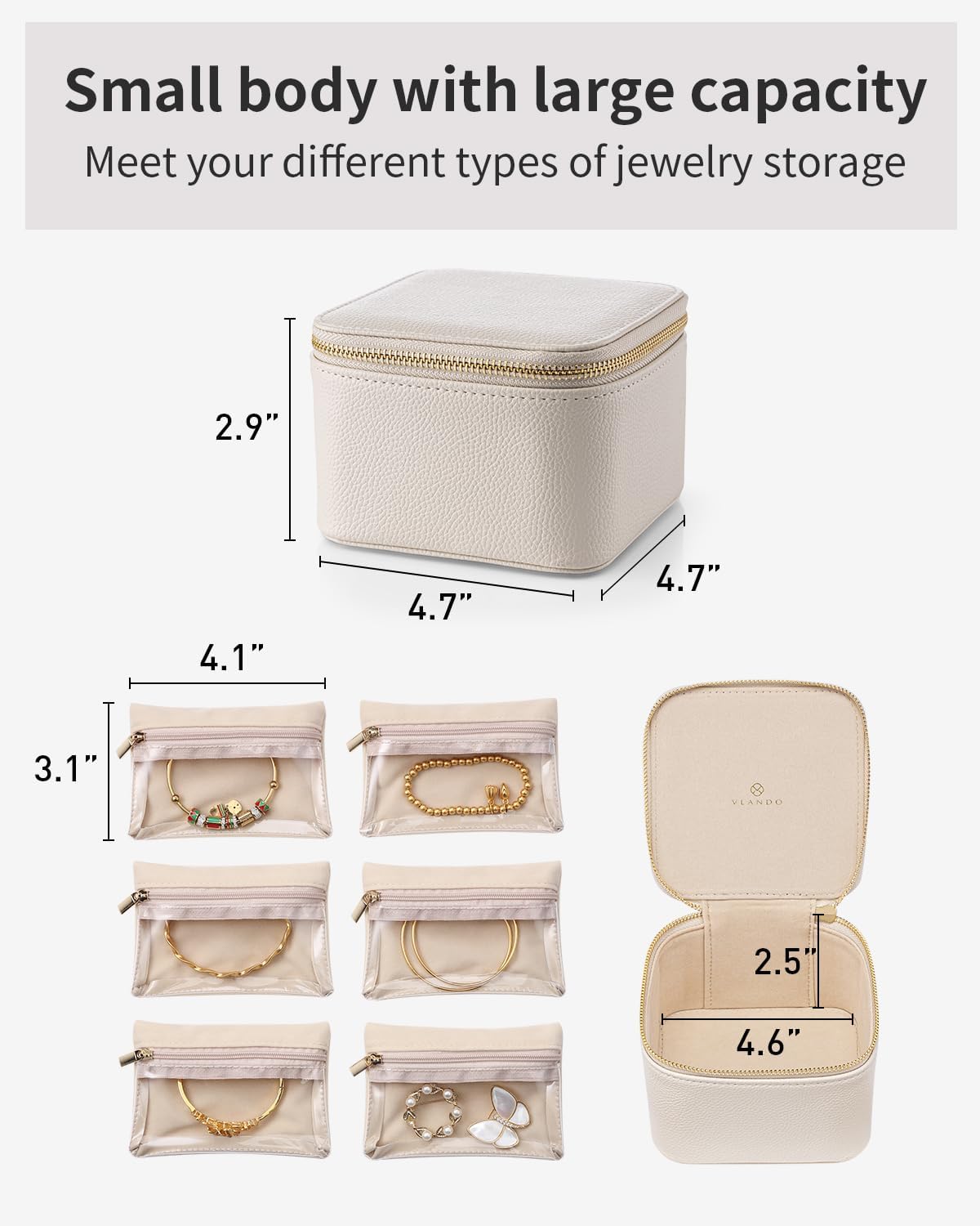 Vlando Travel Jewelry Case,Small Jewelry Box Organizer,Travel Jewelry Storage with 6 Velvet Jewelry Zipper Pockets, Birthday Gifts for Women Girls (White)