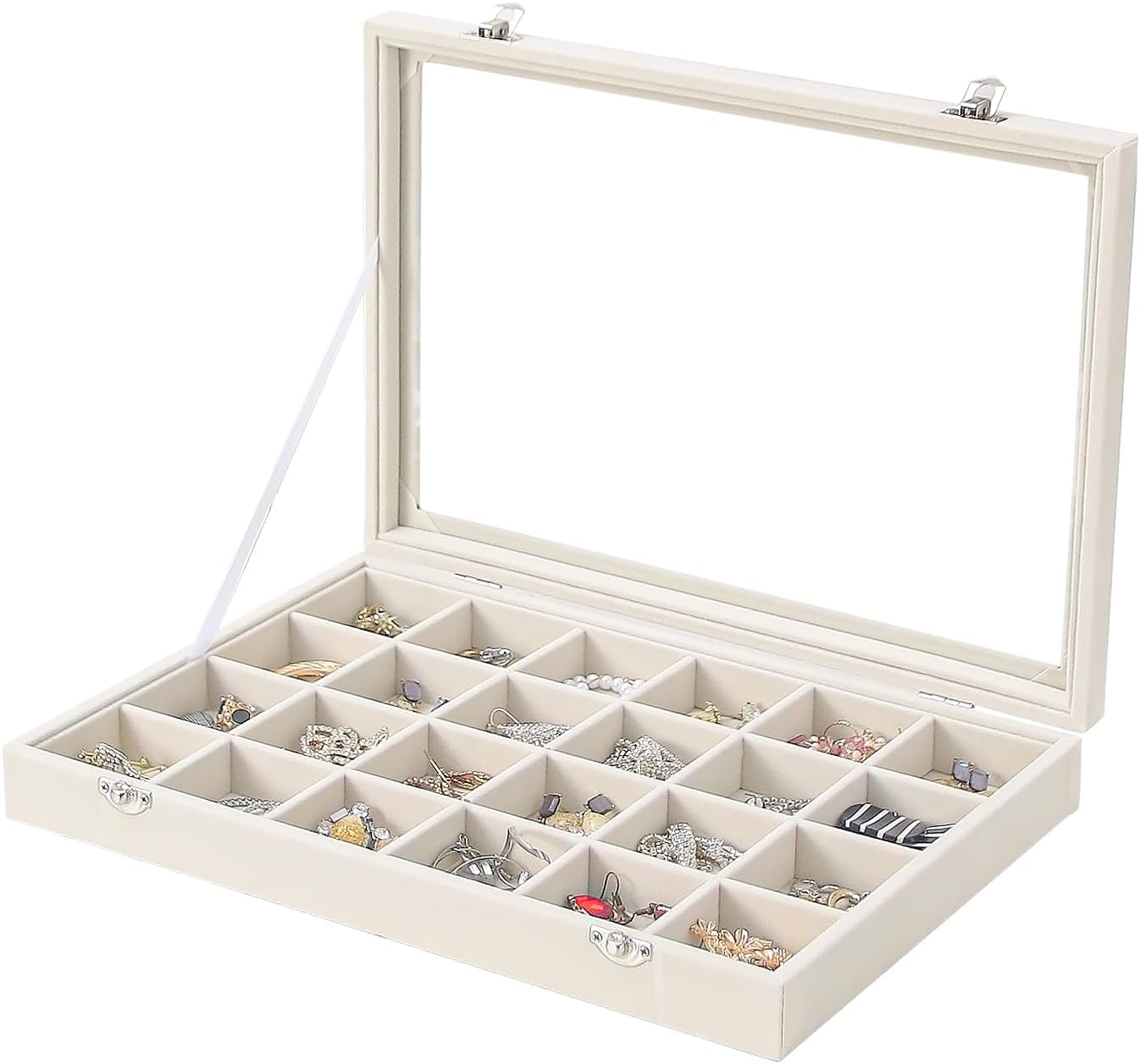 Coward Jewelry Organizer Box, Beige Velvet 24 Grids Ring Earring Jewelry Display Tray Case with Transparent Glass Lid for Home Drawer or Shop Selling