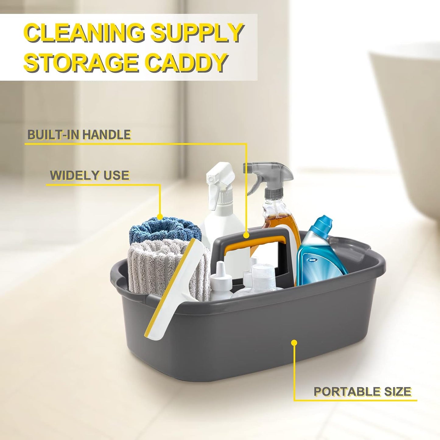 Cleaning Supplies Caddy Organizer with Handle Plastic Tool Storage Basket for bathroom, Kitchen, Under Sink,2 Pack with 2Pack Microfiber Cleaning Cloths,Gray