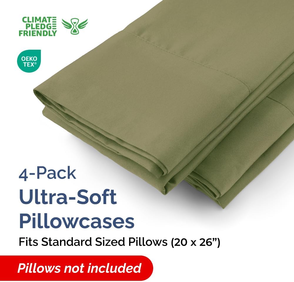 Standard Pillow Cases - 4 Pack - Super Soft Pillowcase Covers - Envelope Enclosure - Hotel Quality Pillow Protectors - Wrinkle Free, Fade & Stain Resistant - Machine Washable - 20" x 26" (Sage Green)
