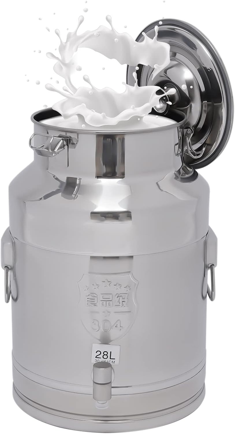 7.4Gallon Milk Can,Milk Bucket Wine Oil Rice Pail Bucket Milk Can 304 Stainless Steel Tote Jug with Sealed Lid and Spigo,For Storing Ghee, Milk, Wine,Wheat,Beans,Tea Leaves,Grains