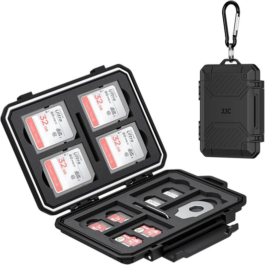 JJC Slim Memory Card Case for 8 SD 12 TF and 2 Nano SIM Cards, IP67 Waterproof Anti-Shock Anti-Dust, Compact Size & Portable SD SDHC SDXC TF Micro SD Card Holder Organizer Storage Box with Carabiner