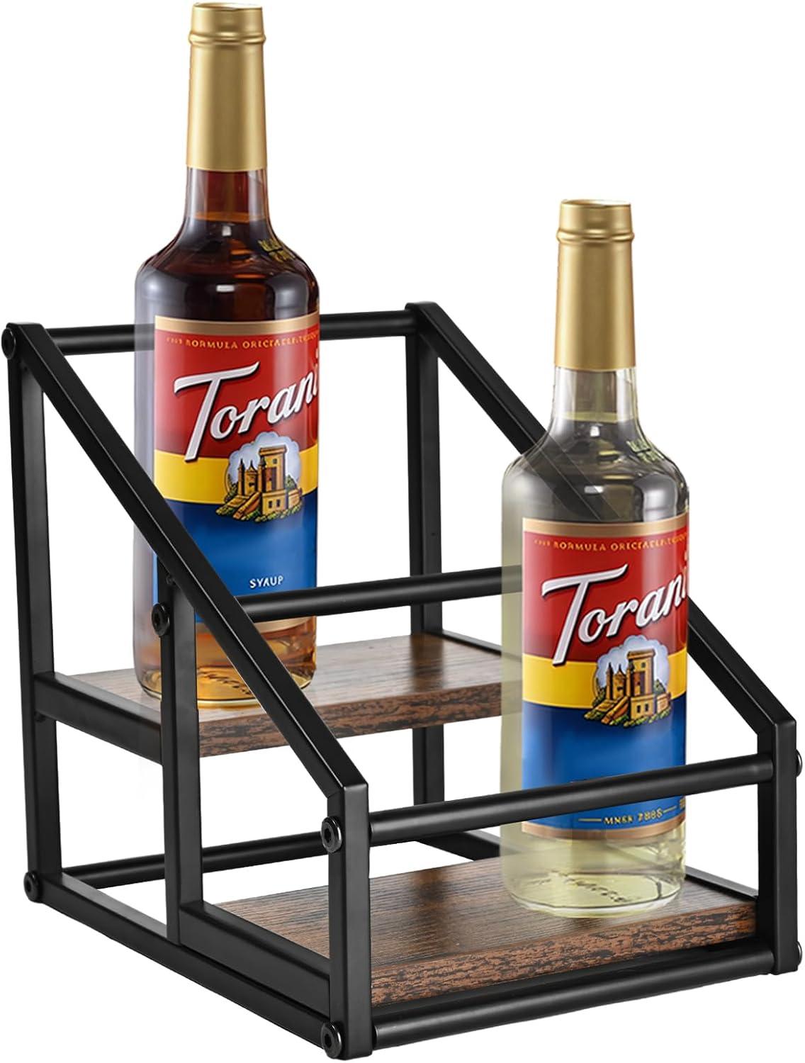 Coffee Syrup Rack Organizer,Liquor Bottle Display Shelf,2-Tier 4 Bottle Stand for Coffee Bar, Kitchen Station, Liquor, Wine, Dressing,Rustic Brown