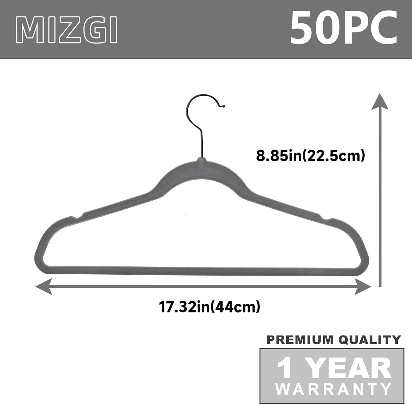 MIZGI Premium Velvet Hangers (50 Pack) Heavy Duty - Non Slip Felt Hangers - Velvet Suit Hanger Gray - Black Coated Hooks,Space Saving Clothes Hanger