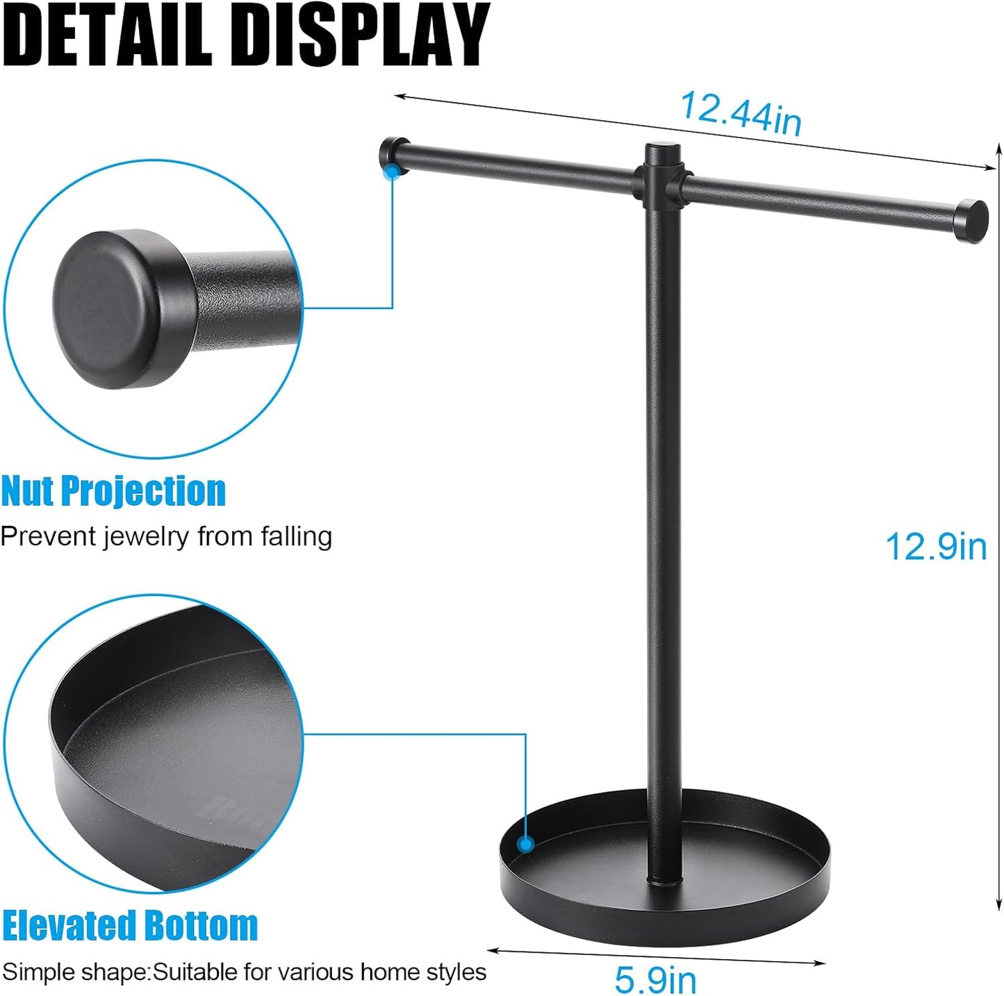 Jewelry Necklace Organizer Stand,12.9" Tall Sturdy Metal Jewelry Stand with Round Tray for Bracelet Bangles Holder Display,Long Necklace Organizer Holder (black)