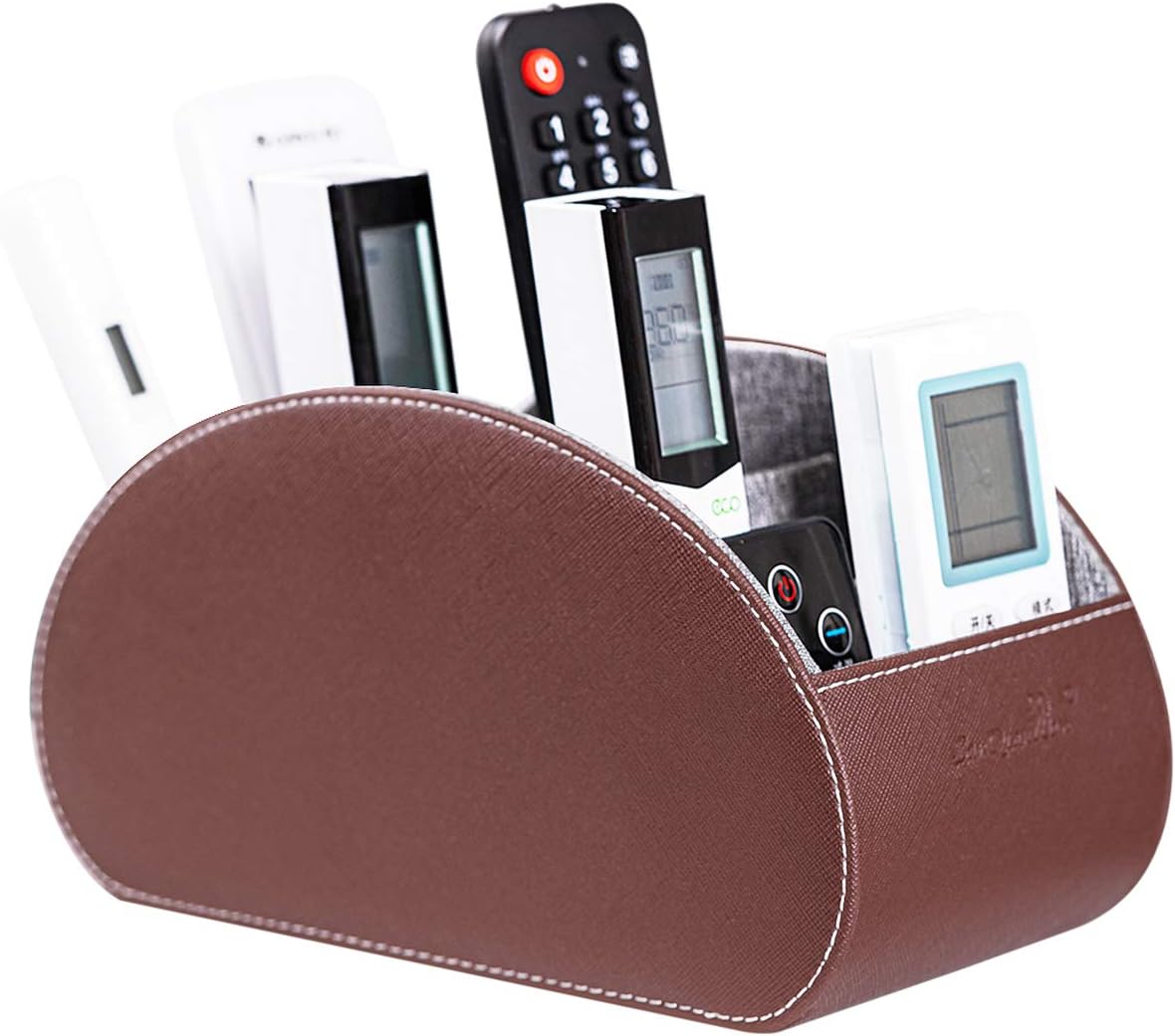 Remote Control Holders Organizer Box with 5 Compartment PU Leather Multi-functional Office Desk Storage Caddy Store Tv Remote for Media Player,Brush,Pencil,Glassees&Office Supplies (Dark Brown)