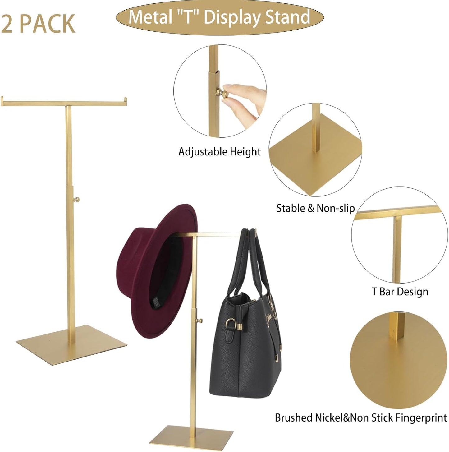 Purse Display Stand Jewelry Towers 2 Packs Stainless Steel Bag Stand Tabletop Adjustable Height Double Hook Hanging Jewelry Stands for Necklaces Organizer Home Store Boutique (Anti-fingerprint)